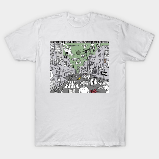 Will you be able to identify the names of the 45 bands hiding in the drawing? T-Shirt by matan kohn